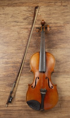 Lot 367 - Violin unlabelled, with a silver mounted bow,...