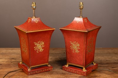Lot 9 - A pair of Continental toleware table lamps
