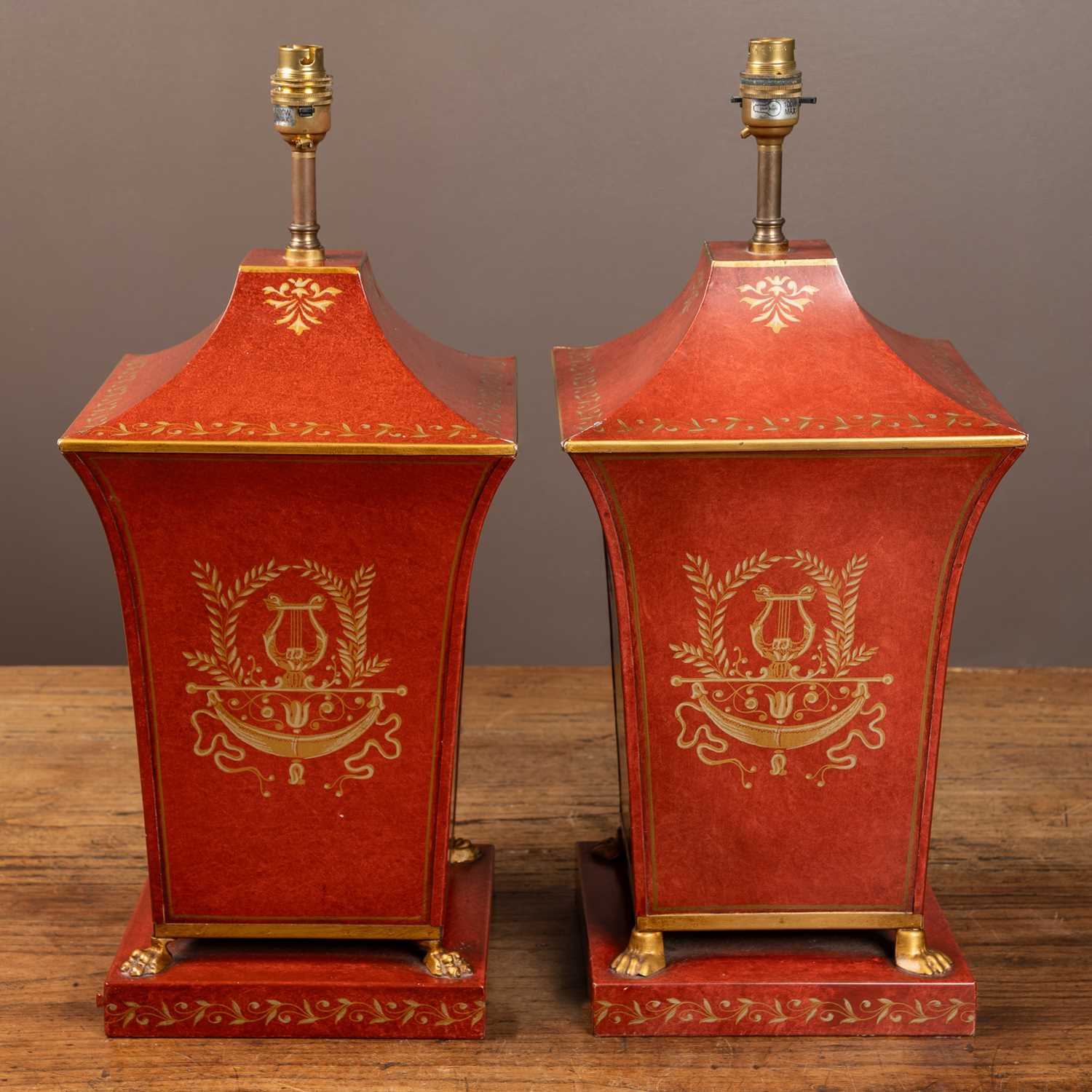 Lot 9 - A pair of Continental toleware table lamps
