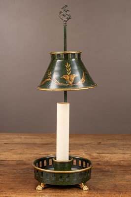 Lot 419 - A small green painted toleware table lamp