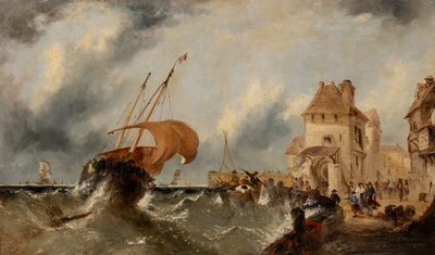 Lot 68 - 19th Century Flemish school, a boat running into harbour in stormy weather