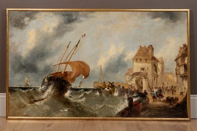Lot 68 - 19th Century Flemish school, a boat running into harbour in stormy weather