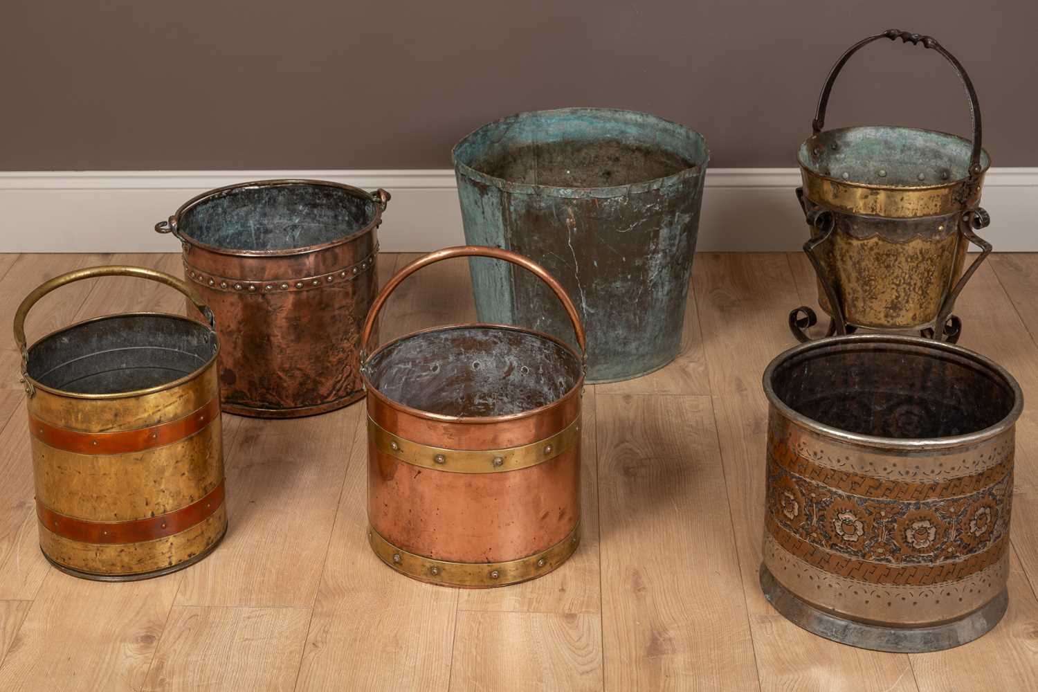 Lot 52 - A collection of six Victorian water buckets