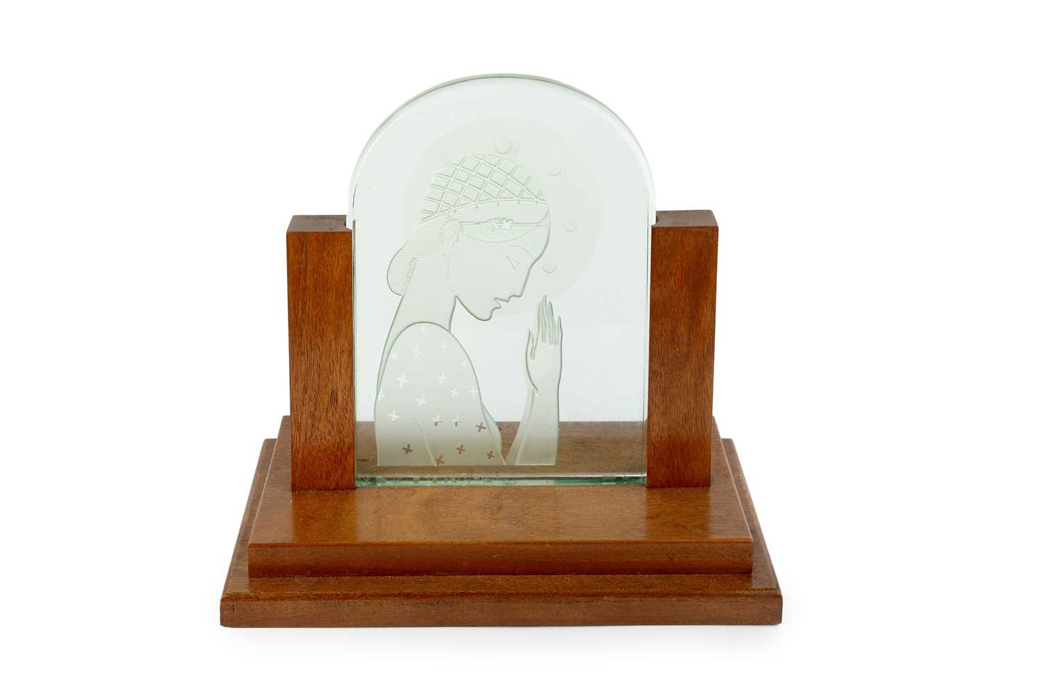 Lot 643 - Art Deco Glass plaque etched with a saintly...