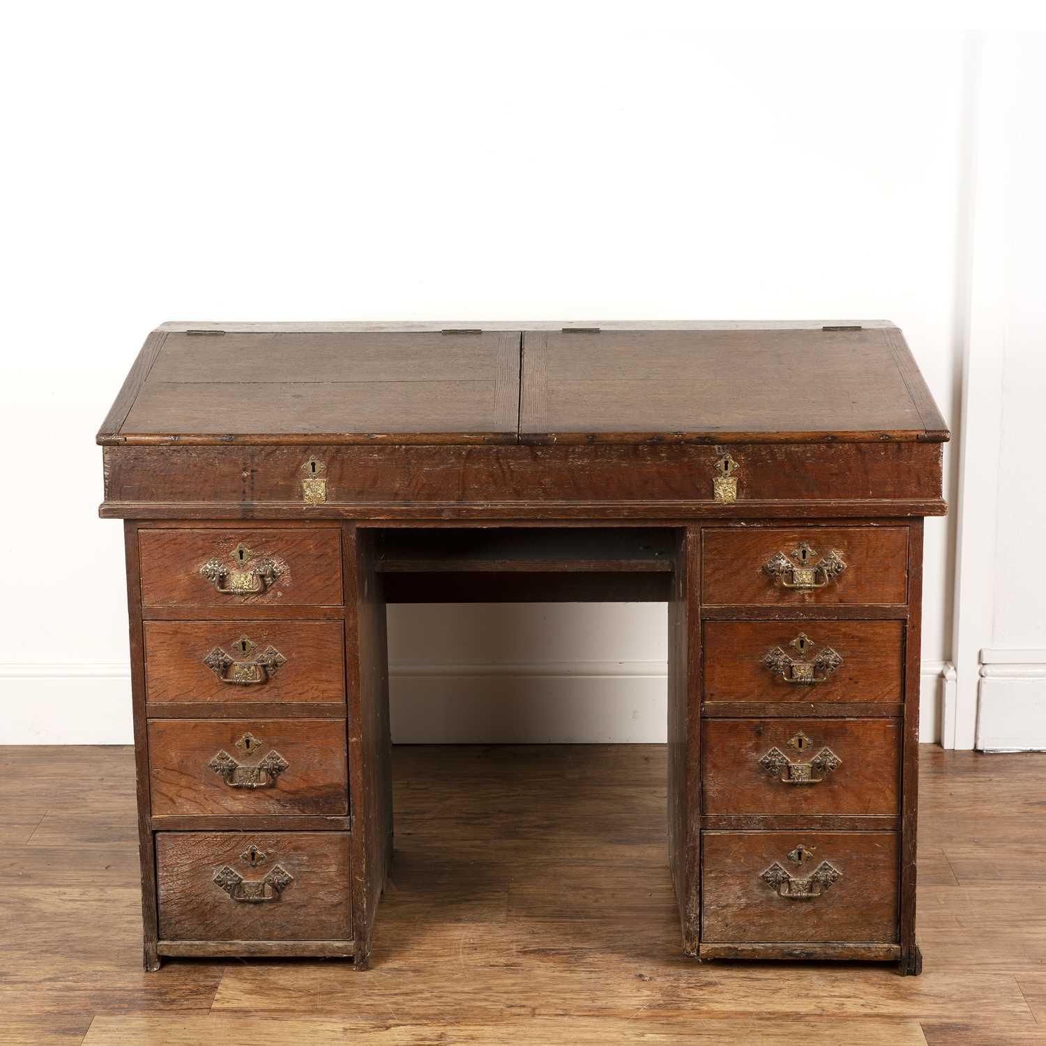 Lot 70 - Oak twin clerks desk 19th Century, with brass...