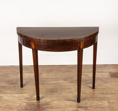 Lot 101 - Mahogany and crossbanded demi lune card table...