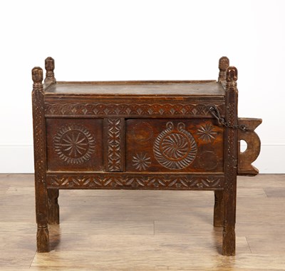 Lot 121 - Oak chest or cupboard with carved decoration...