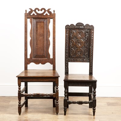 Lot 110 - Oak carved chair 18th Century, the back panel...