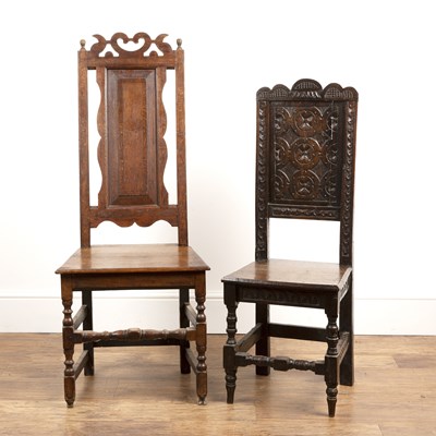 Lot 110 - Oak carved chair 18th Century, the back panel...