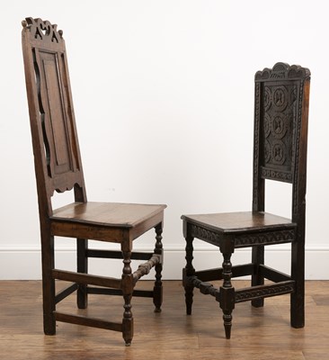 Lot 110 - Oak carved chair 18th Century, the back panel...