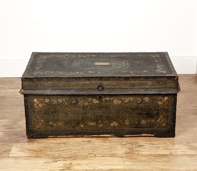 Lot 119 - Studded leather and camphorwood trunk 19th...