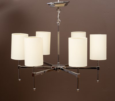 Lot 195 - An Art Deco style six-branch polished chrome pendant light by Där Lighting