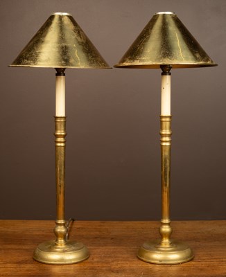 Lot 396 - A pair of French brass table lamps with brass shades