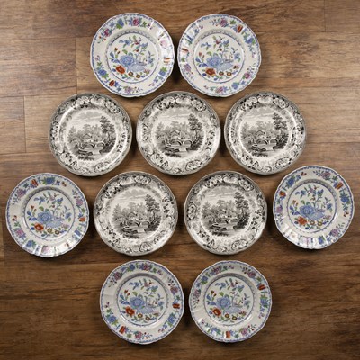 Lot 383 - Five stone china transfer printed plates with...