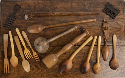 Lot 246 - Group of treen and wooden ladles Indian combs...