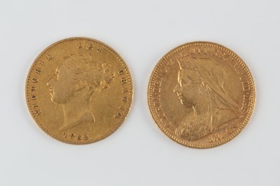 Lot 222 - Two Victoria half sovereigns, dated 1859 and...