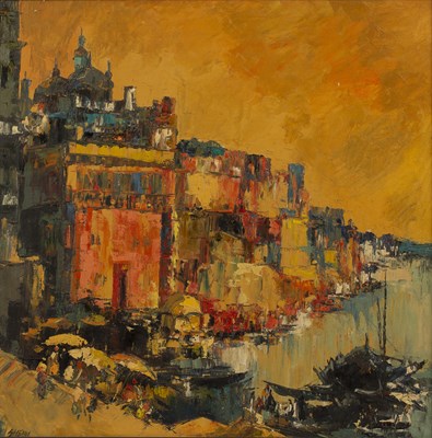 Lot 324 - Laxman Shenvi (Indian 1920-2012) A harbourside...