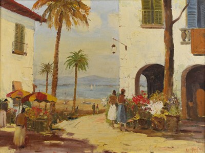 Lot 273 - M * Ford A flower market off the coast, signed,...