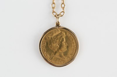 Lot 220 - A Netherlands Wilhemina 5 gulden coin pendant,...