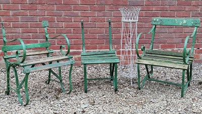 Lot 538 - A wirework plant stand and three green garden chairs