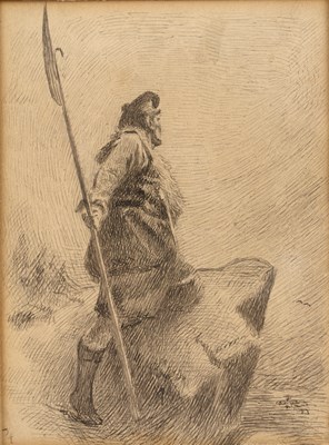 Lot 200 - A* K* A Scottish warrior on a rock, signed...