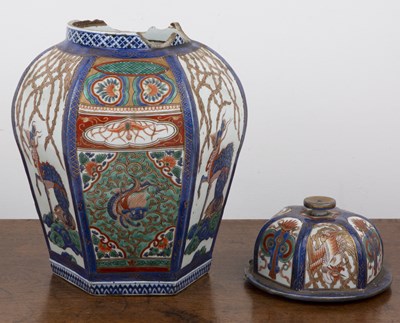 Lot 111 - Arita polychrome hexagonal vase and cover...