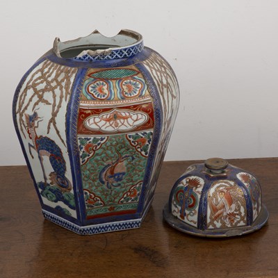 Lot 111 - Arita polychrome hexagonal vase and cover...