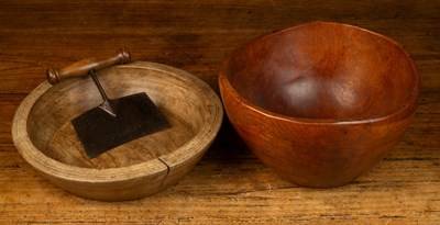 Lot 124 - A turned sycamore bowl; a herb chopper; and a softwood feasting bowl