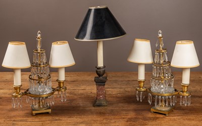 Lot 104 - A pair of brass and lustre electrically converted candelabra; together with a table lamp