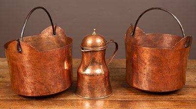 Lot 291 - Two very similar copper buckets together with an antique copper coffee pot