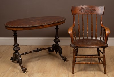 Lot 106 - An American style stick back armchair together with a Victorian burr walnut centre table