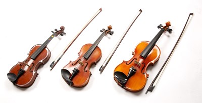 Lot 559 - A collection of six modern violins, various...