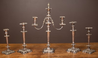 Lot 262 - A five-piece Sheffield silver plate garniture set and a three-stick candelabrum