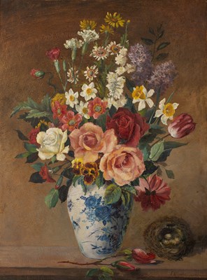 Lot 371 - L'Elanche Flowers in a blue and white vase, on...