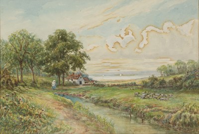 Lot 358 - F Bailey River landscape with distant cottage,...