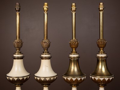 Lot 47 - Two pairs of 1940s French brass and painted brass lamps