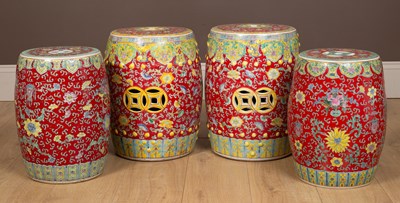 Lot 570 - Two pairs of Chinese Republic famille rose garden stools