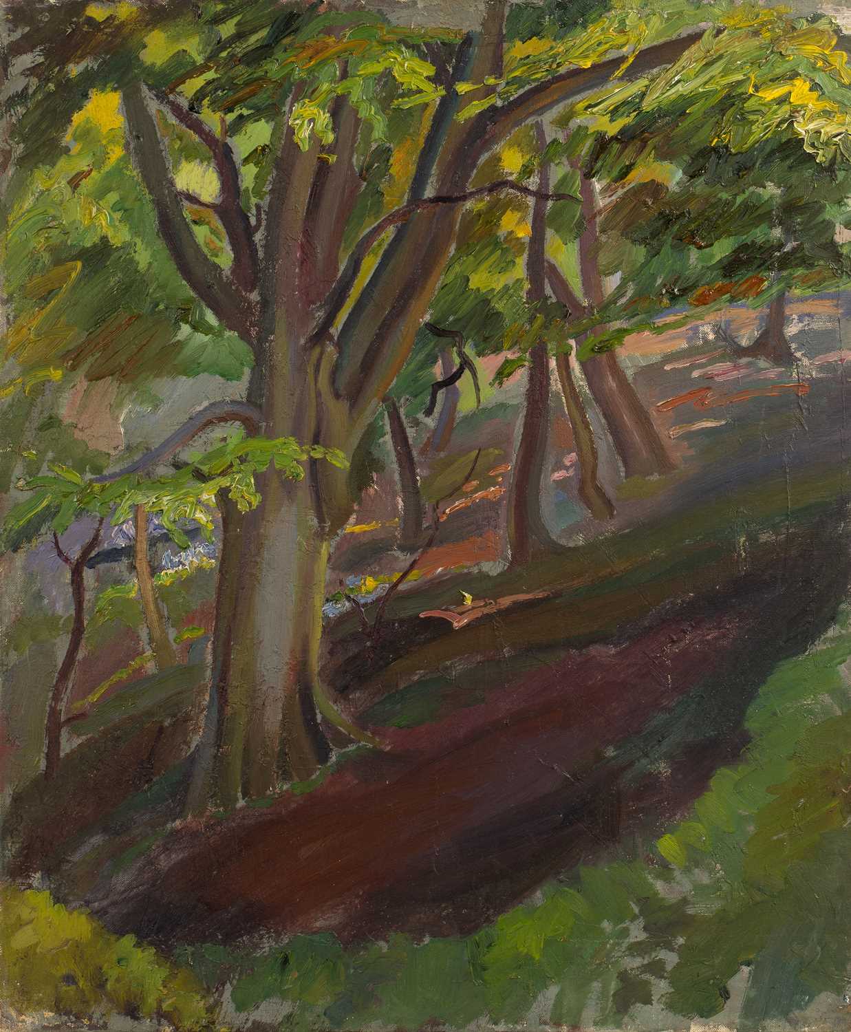Lot 74 - Harry Barr (1896-1987) A woodland hillside,...