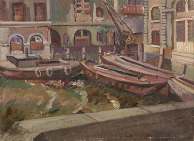 Lot 164 - Harry Barr (1896-1987) The boat yard, oil on...