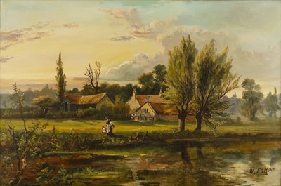 Lot 412 - W * Esmond A river landscape with mother and...