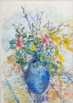 Lot 409 - Pamela Noyes (b.1929) Still life - a blue vase...