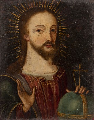 Lot 380 - 18th century Cuzco school Christ with orb, oil...