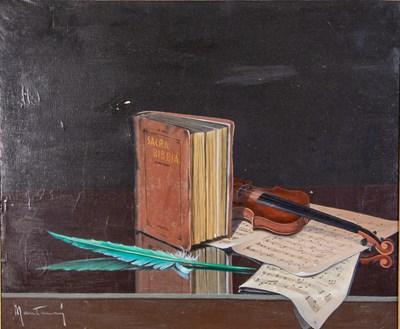 Lot 535 - Mantanay (?) Still life - a violin, sheet...