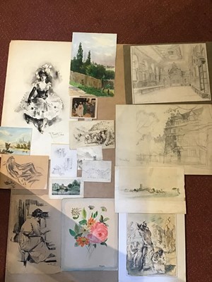 Lot 486 - A folio of assorted watercolours and pencil...
