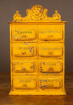 Lot 111 - A 19th century Continental yellow painted toleware spice chest