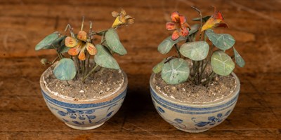 Lot 81 - Beatrice Elizabeth Hindley (1882-1973), a pair of miniature model plant pots with nasturtiums