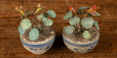 Lot 81 - Beatrice Elizabeth Hindley (1882-1973), a pair of miniature model plant pots with nasturtiums