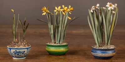 Lot 83 - Beatrice Elizabeth Hindley (1882-1973), a group of three miniature model plant pots with daffodils
