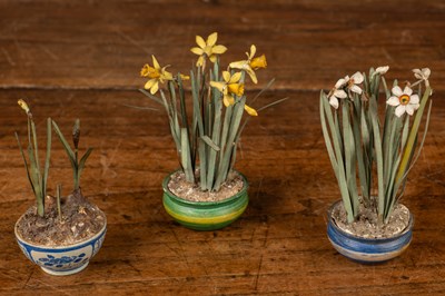 Lot 83 - Beatrice Elizabeth Hindley (1882-1973), a group of three miniature model plant pots with daffodils