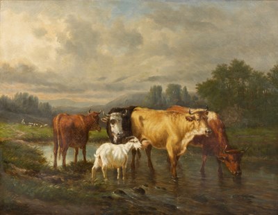 Lot 48 - Victor Emile Cartier (b.1811-d.1866), cattle watering in a stream joined by a goat